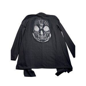Vintage Y2K Shelly Gothic Black Open Cardigan Size M Lace Skull Back Detail